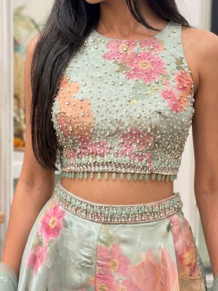 Kiyana Pista Green Indo Western Crop Top Plazzo Set with Stone Work