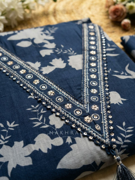 Myrin Blue Floral Printed Dress Material with V Neck Embellishmen