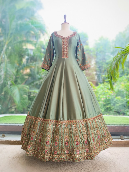Imperial Blossom Green Silk Blend Anarkali Suit Set