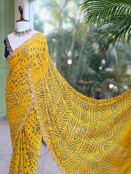 Mehrang Yellow Bandhani Saree with Gota Border