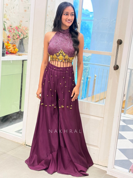 Medallion Wine Lurex & Silk-Satin/Georgette Blend – Indo-Western Palazzo Set