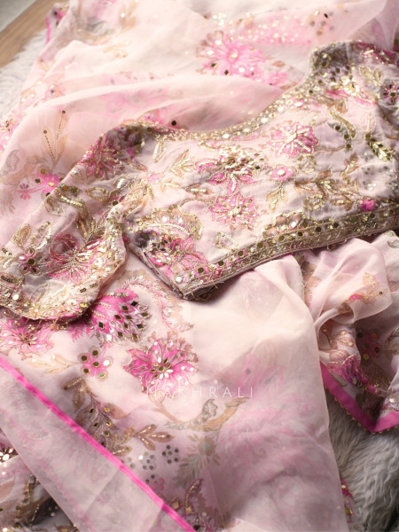 Petal Gleam Pink Floral Silk Organza Saree