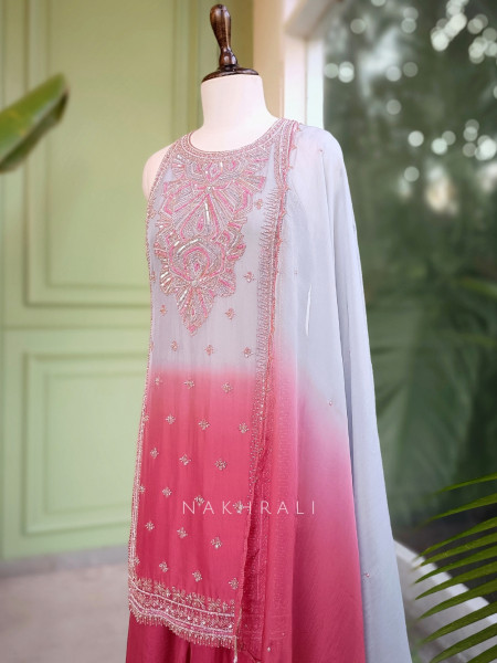 Noorvati Sky Blue Ombre Embroidered Silk Suit Set with Palazzo & Dupatta