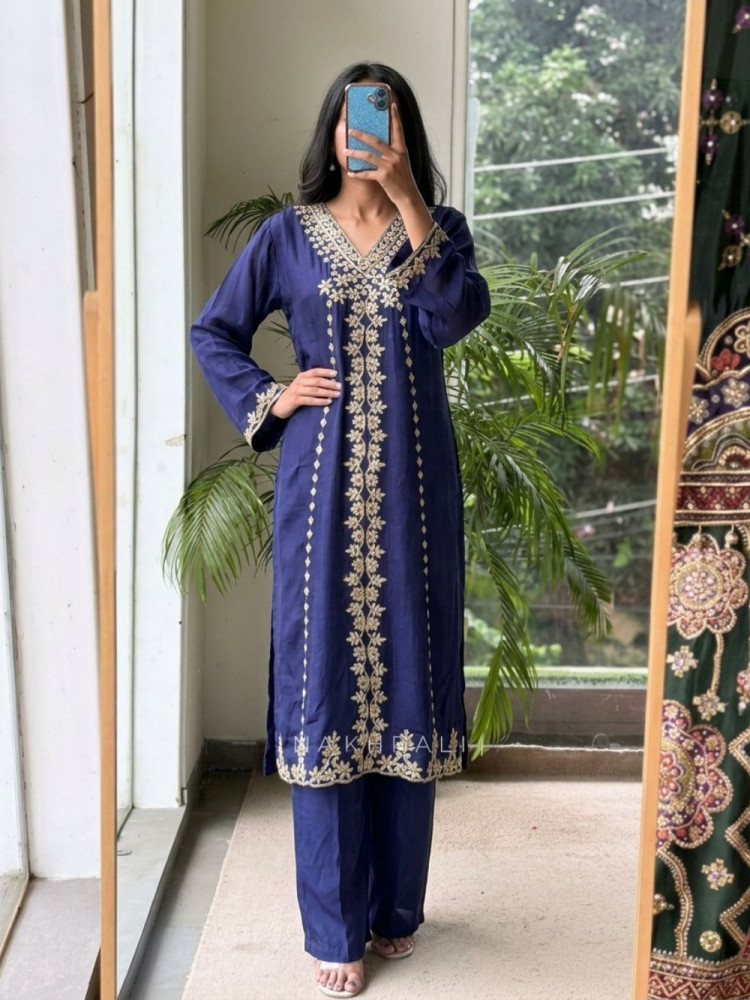 Image of Suvrini Blue Mashru Silk Kurta Pant Set With Gota Patti &amp; Zardozi Work
