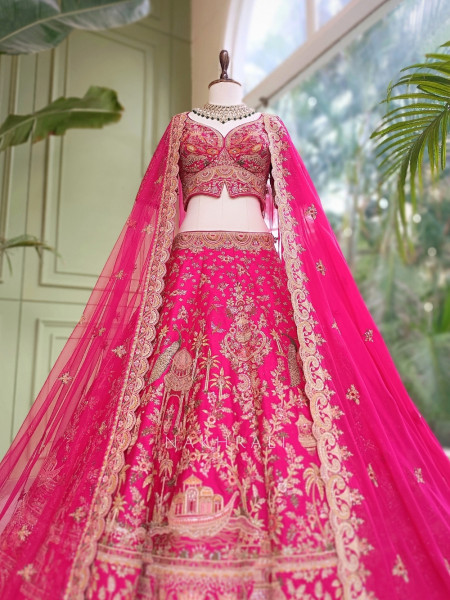 Dastaan Magenta Raw Silk Bridal Lehenga
