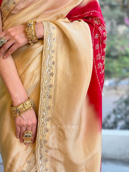 Aaru Beige Crepe Silk Saree with Zari Pallu Print