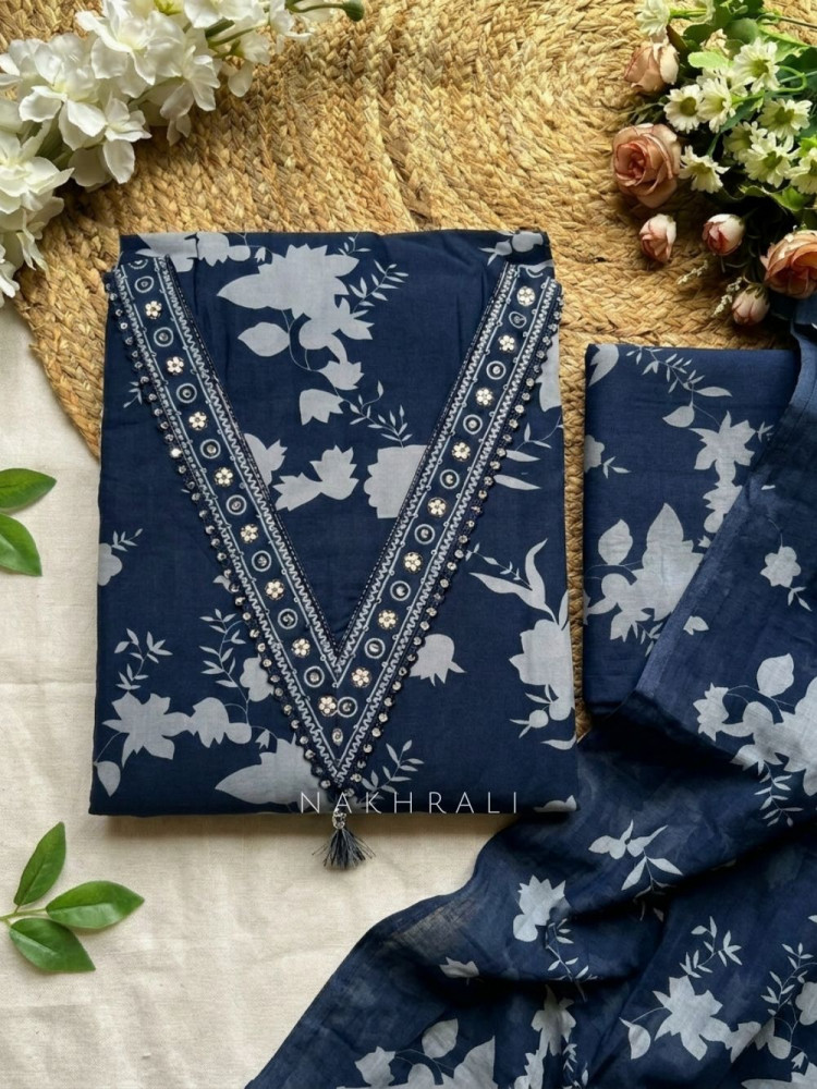 Image of Myrin Blue Floral Printed Dress Material with V Neck Embellishmen