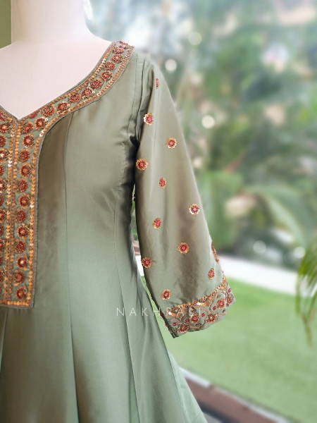 Imperial Blossom Green Silk Blend Anarkali Suit Set