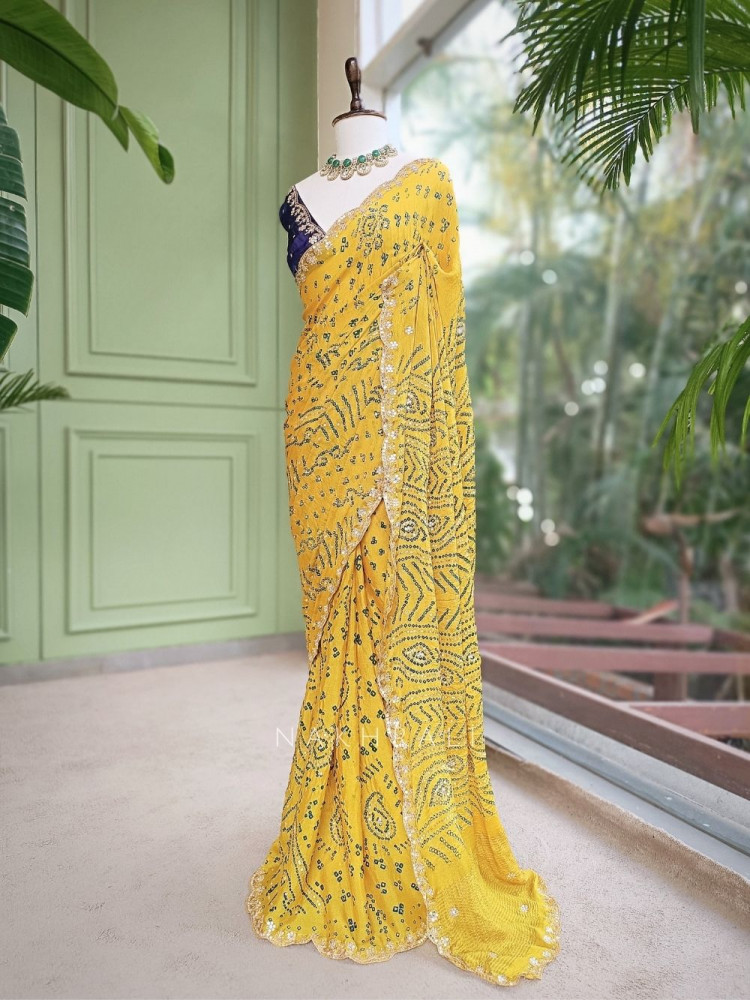 Image of Mehrang Yellow Bandhani Saree with Gota Border