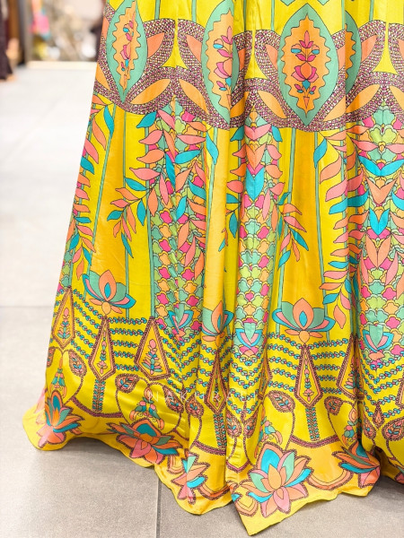 Saffron Yellow Crepe Silk Crop Top Skirt Indo-western Set