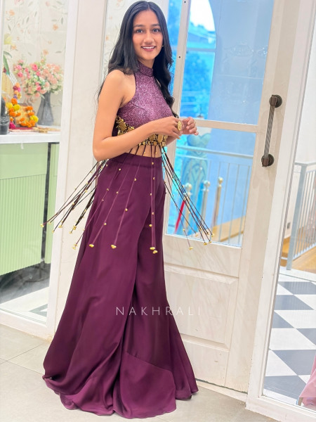 Medallion Wine Lurex & Silk-Satin/Georgette Blend – Indo-Western Palazzo Set
