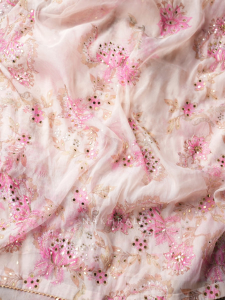 Petal Gleam Pink Floral Silk Organza Saree