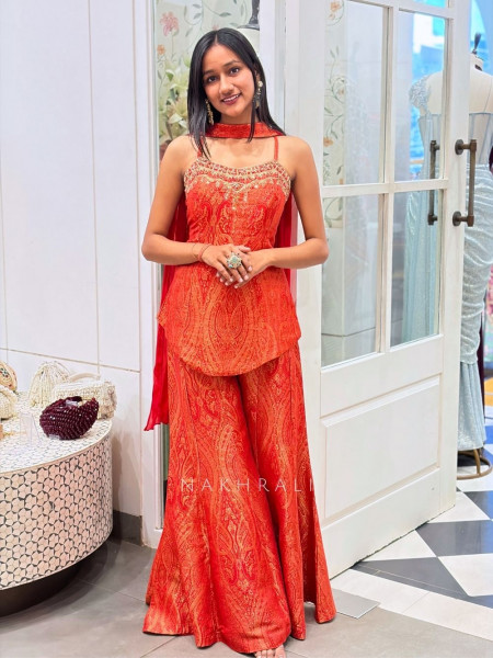 Kaelina Orange Suit Set with Intricate Paisley Embellished Work