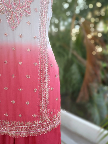 Noorvati Sky Blue Ombre Embroidered Silk Suit Set with Palazzo & Dupatta