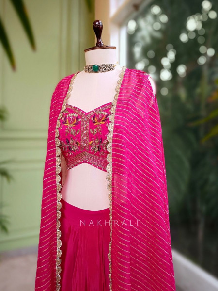Aabha Magenta Embroidered Crop Top Skirt Set with Cape