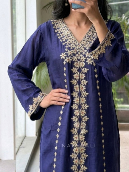 Suvrini Blue Mashru Silk Kurta Pant Set With Gota Patti & Zardozi Work