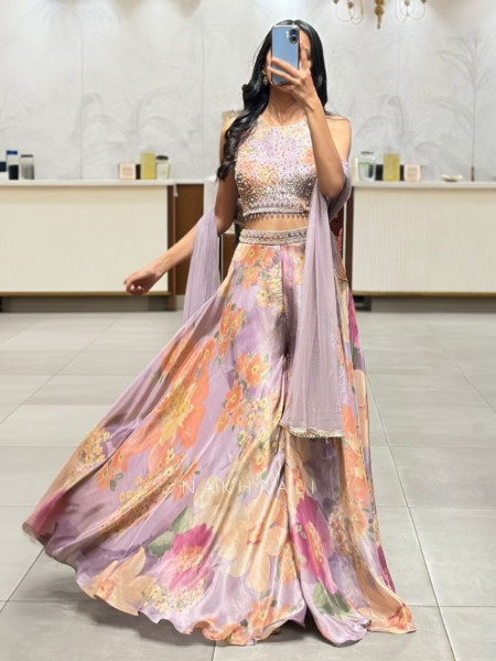 Kiyana Purple Indo Western Crop Top Plazzo Set with Stone Work