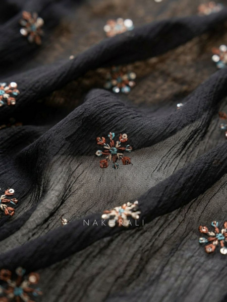Shyama Black Printed Dress Material with Embellished Neckline