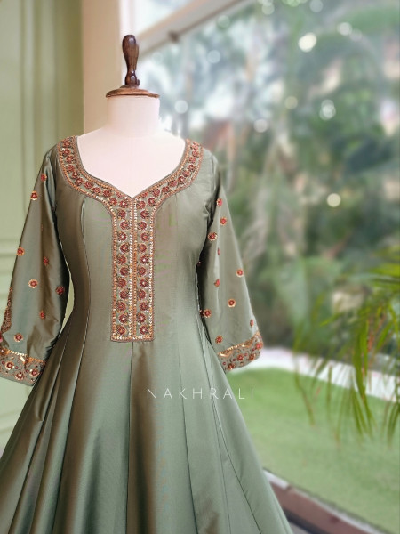 Imperial Blossom Green Silk Blend Anarkali Suit Set