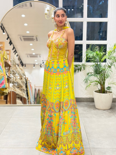 Saffron Yellow Crepe Silk Crop Top Skirt Indo-western Set