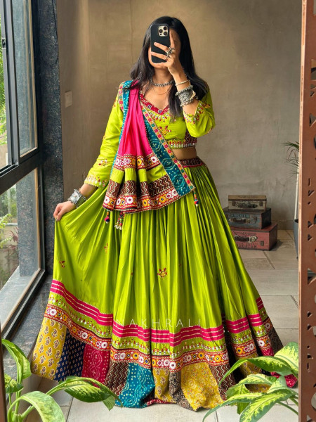 Dholida Green Cotton Silk Chaniya Choli with Embroidery & Mirror Work