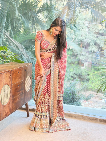 Ruby Red Saree with Zari and Sequin Work