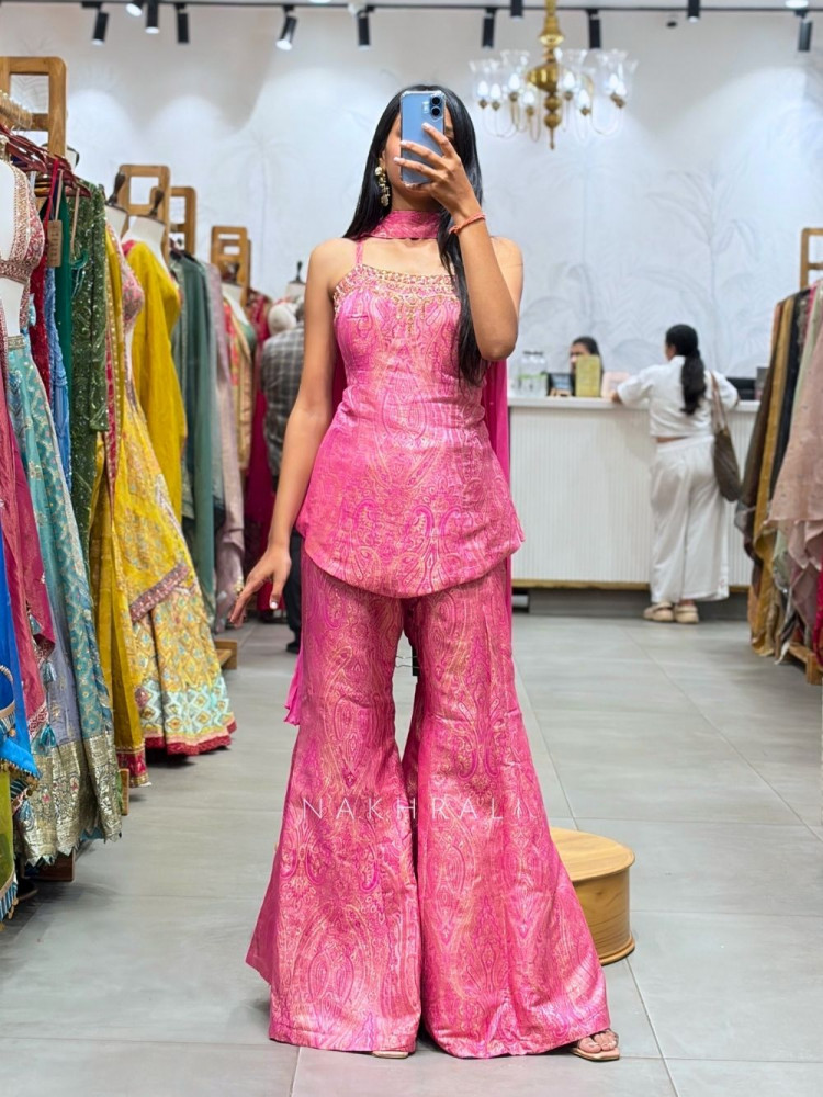 Image of Kaelina Magenta Suit Set with Intricate Paisley Embellished Work
