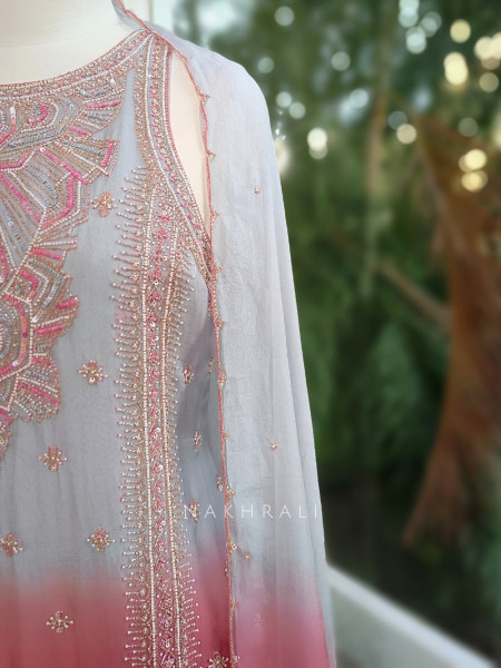 Noorvati Sky Blue Ombre Embroidered Silk Suit Set with Palazzo & Dupatta