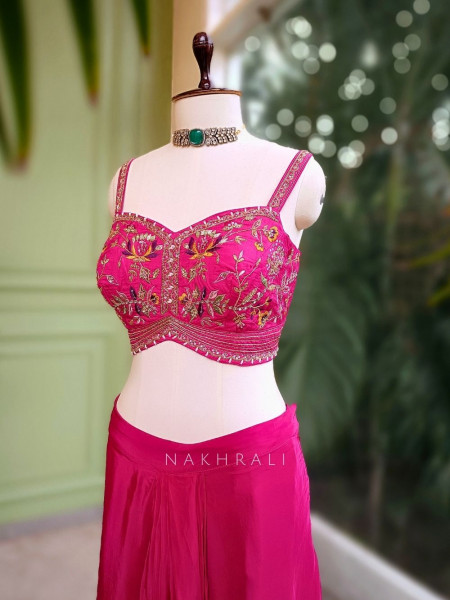 Aabha Magenta Embroidered Crop Top Skirt Set with Cape