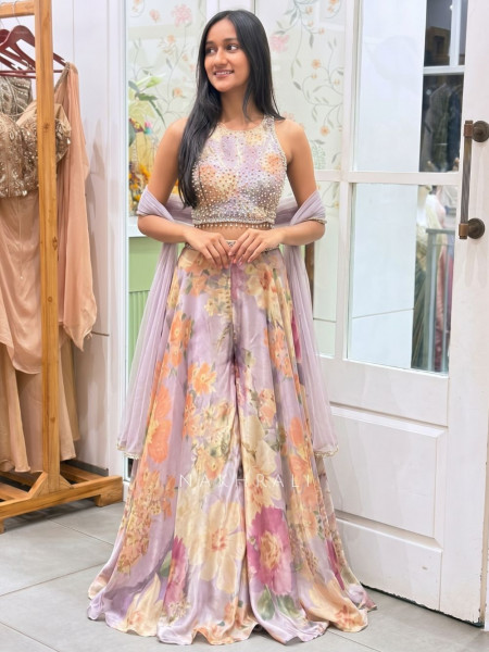 Kiyana Purple Indo Western Crop Top Plazzo Set with Stone Work