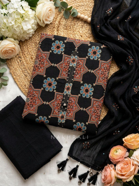 Shyama Black Printed Dress Material with Embellished Neckline