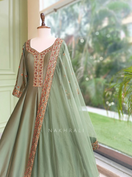 Imperial Blossom Green Silk Blend Anarkali Suit Set