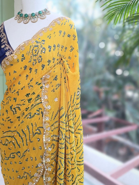 Mehrang Yellow Bandhani Saree with Gota Border