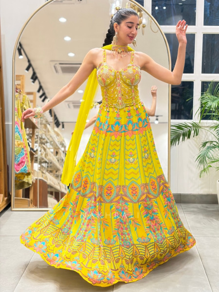 Saffron Yellow Crepe Silk Crop Top Skirt Indo-western Set