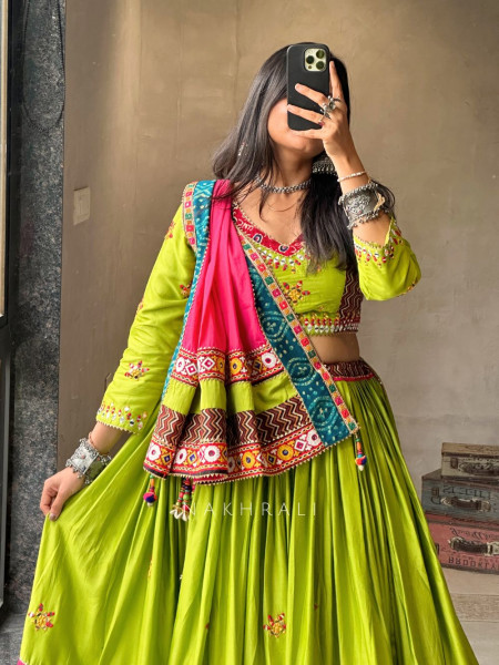 Dholida Green Cotton Silk Chaniya Choli with Embroidery & Mirror Work