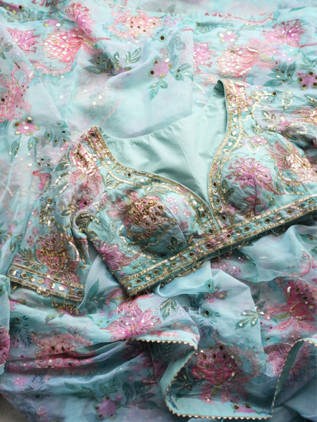 Petal Gleam Firozi Floral Silk Organza Saree