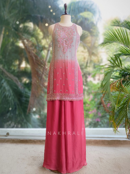 Noorvati Sky Blue Ombre Embroidered Silk Suit Set with Palazzo & Dupatta