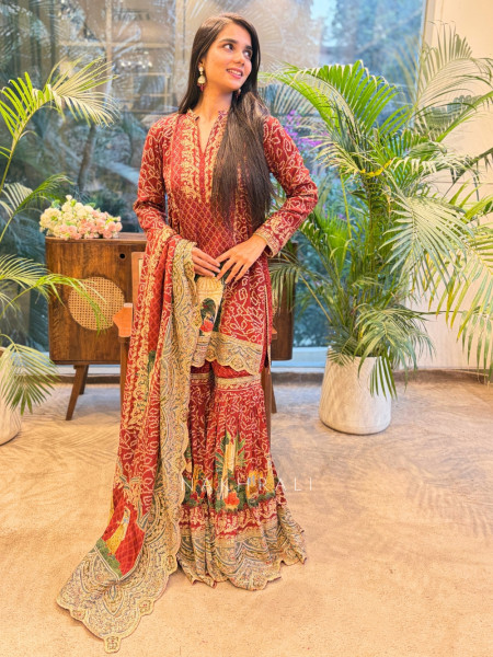 Arnica Maroon Suit Set with Embroidery & Heritage Print