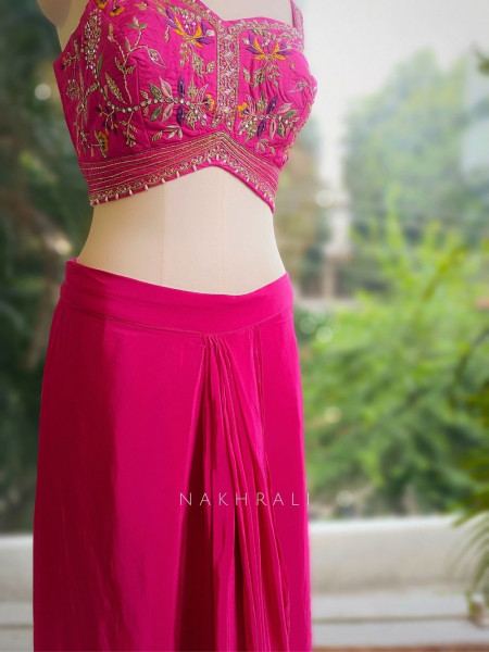 Aabha Magenta Embroidered Crop Top Skirt Set with Cape