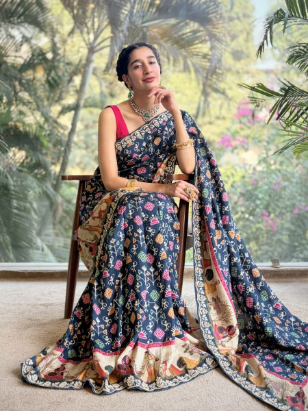 Aarna Blue Crepe Silk Printed Saree with Gota Patti Work