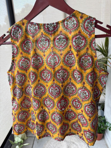 Flexora Yellow Printed Sleeveless Top with Overlap Neck Detail