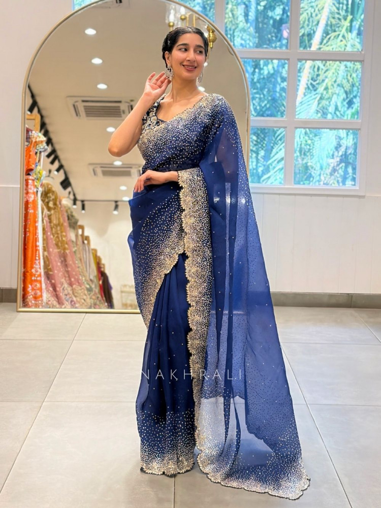 Image of Noorwyn Royal Blue Saree with Cut Dana Sequin Work