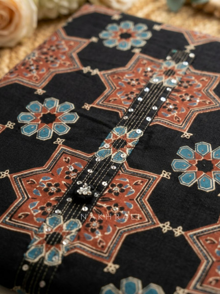 Shyama Black Printed Dress Material with Embellished Neckline