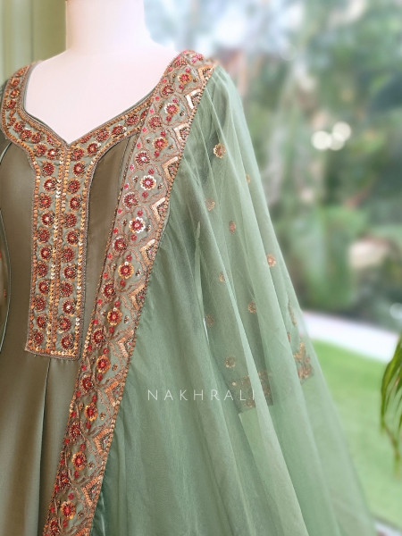 Imperial Blossom Green Silk Blend Anarkali Suit Set