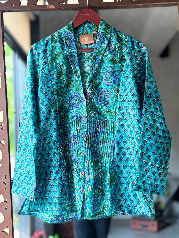 Image of Patel Green Cotton Shirt with Floral Print
