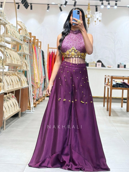 Medallion Wine Lurex & Silk-Satin/Georgette Blend – Indo-Western Palazzo Set