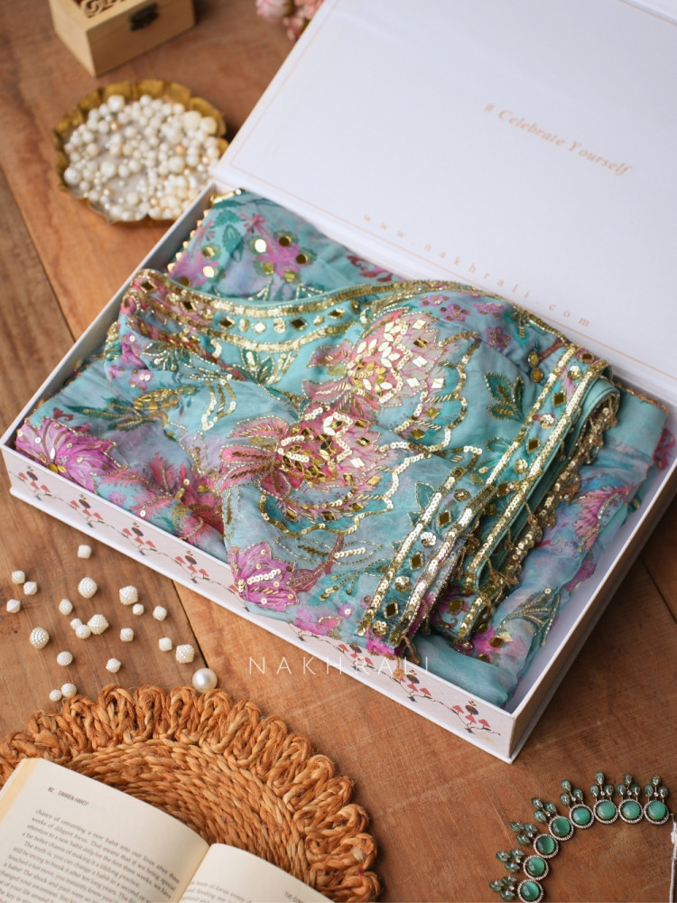 Image of Petal Gleam Firozi Floral Silk Organza Saree