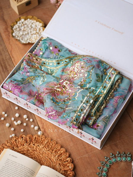 Petal Gleam Firozi Floral Silk Organza Saree