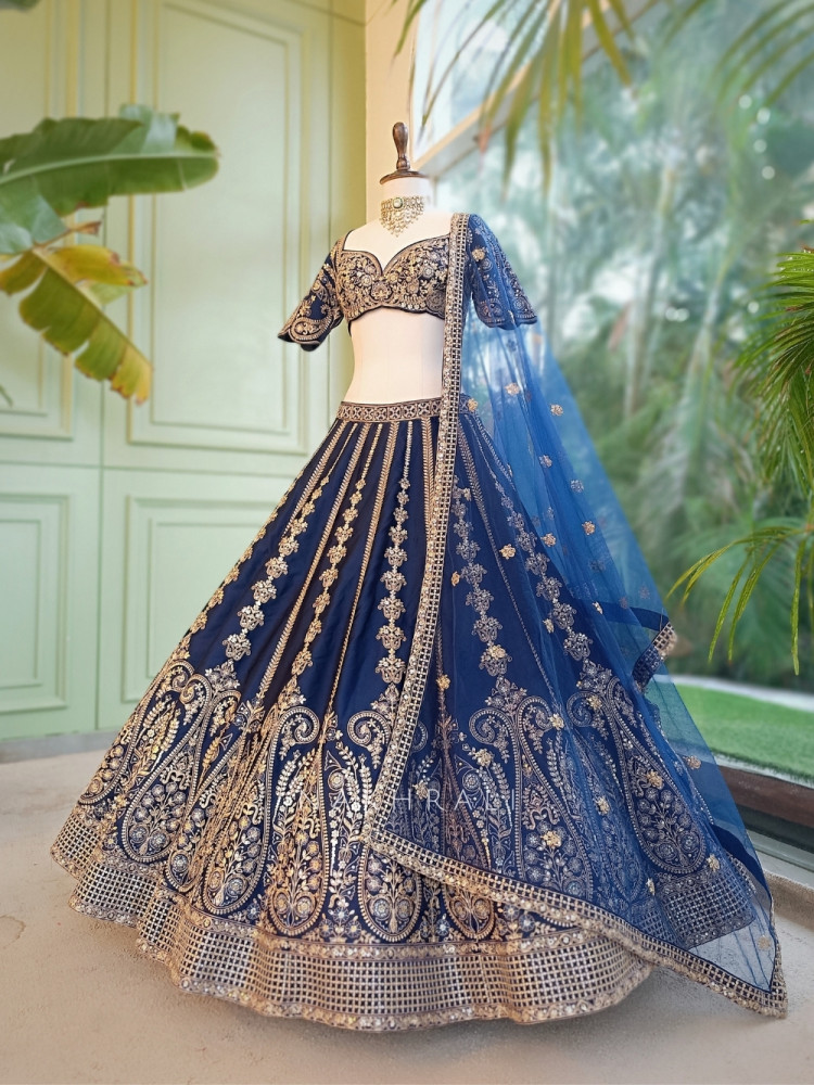 Image of Zoyaara Paisley Blue Silk Satin Lehenga Choli Set