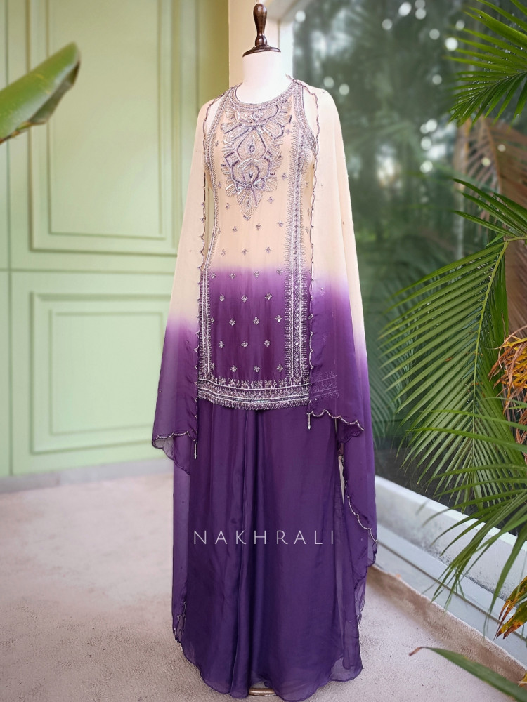 Image of Noorvati Purple Ombre Embroidered Silk Suit Set with Palazzo &amp; Dupatta
